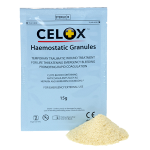 CELOX Granules celox applicator wound trauma first respond stop het bloeden bleeding granules snel dichten ehbo levensreddend handelen haemostatic