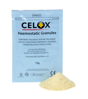 CELOX Granules celox applicator wound trauma first respond stop het bloeden bleeding granules snel dichten ehbo levensreddend handelen haemostatic